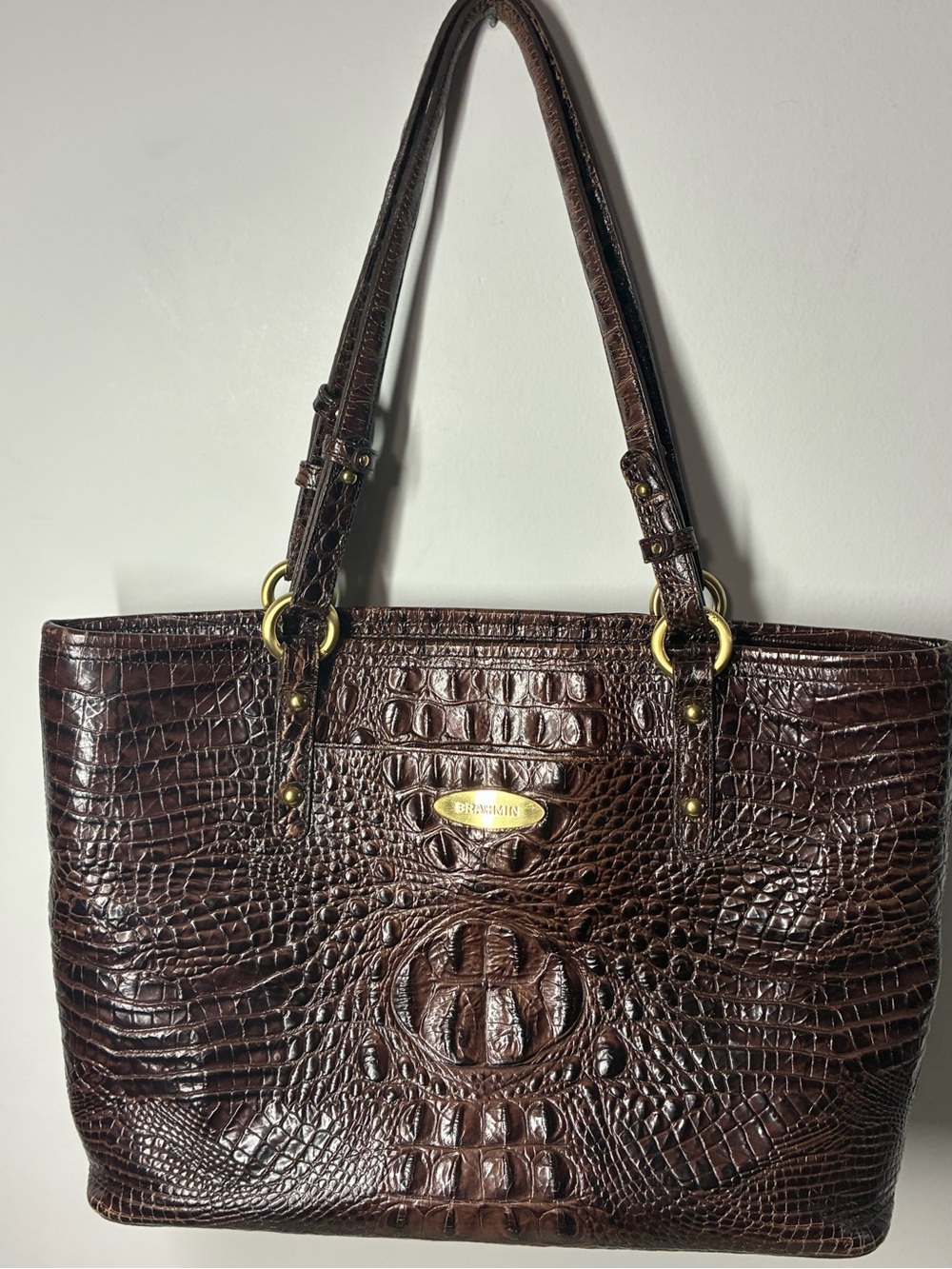 Brahmin Croc-Embossed Leather Tote in Dark Brown with Gold Hardware